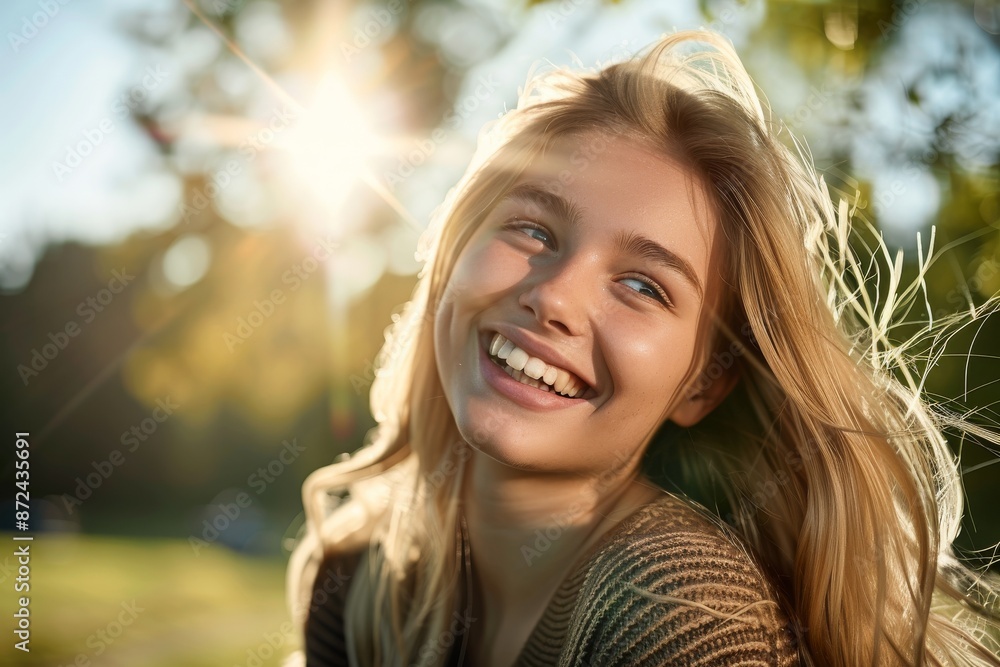 Woman with Sunlight Flare and Nature - Blissful Scene, Happy Expression, Outdoor Portrait Woman with Sunlight Flare and Nature - Blissful Scene, Happy Expression, Outdoor Portrait