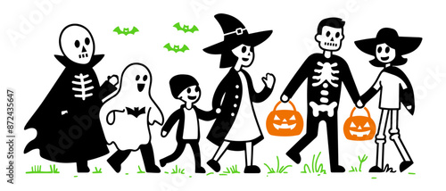 A cute simple doodle vector illustration of people walking in line in Halloween costumes