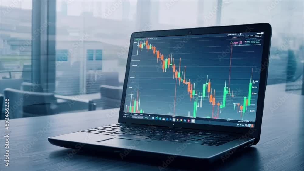 stock market chart on a business laptop screen in corporate with desk setting Generative AI stock market chart on a business laptop screen in corporate with desk setting Generative AI