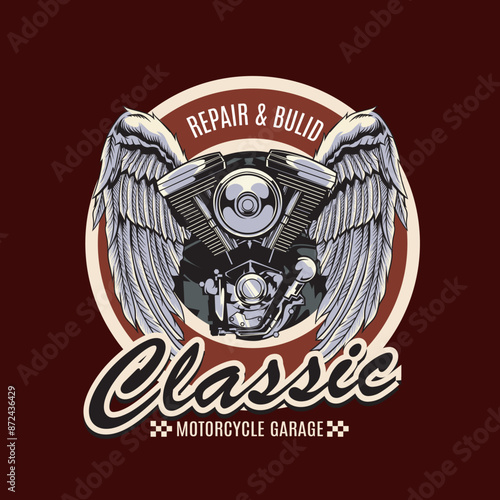 Vector Illustration of Engine with Wings with Vintage Illustration Available for Tshirt Design