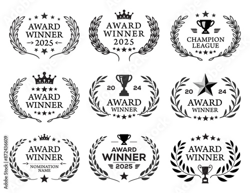 Set of black and white awards with laurel wreaths