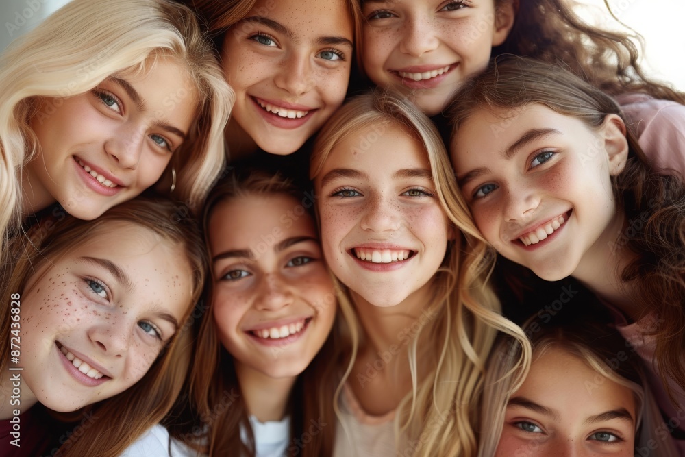 Obraz premium Motley Group of Young Girls Snuggling and Smiling - Friendship, Joyful Moments, and Youthful Energy