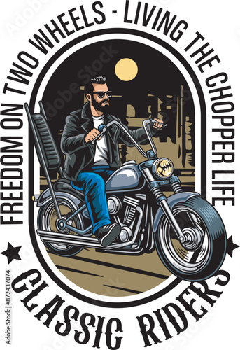 Vector Illustration of Man Riding Chopper Motorcycle with Vintage Illustration Available for Tshirt Design