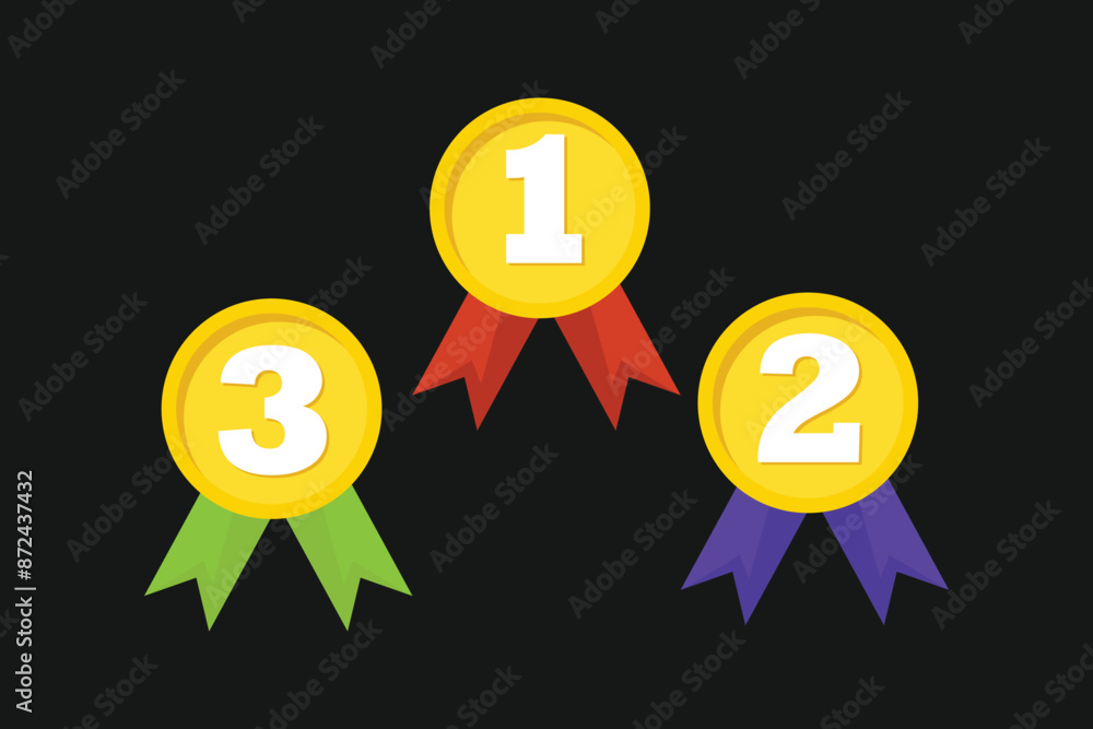 Gold medal showing first, second and third place award on black background Gold medal showing first, second and third place award on black background