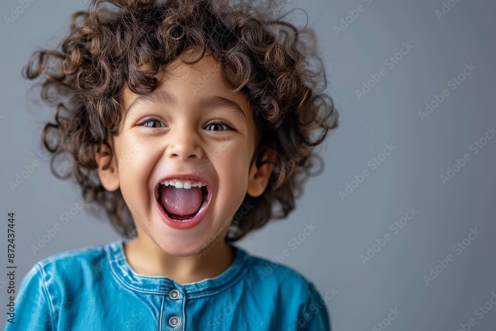 Excited Child with Curly Hair - Joyful Expression, Simple Background, Emotional Moment Excited Child with Curly Hair - Joyful Expression, Simple Background, Emotional Moment