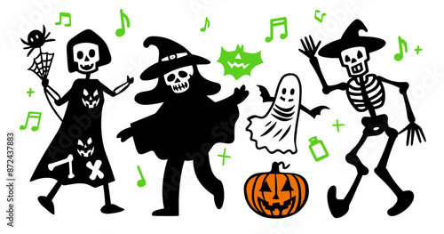 A cute simple doodle vector illustration of people in Halloween costumes dancing