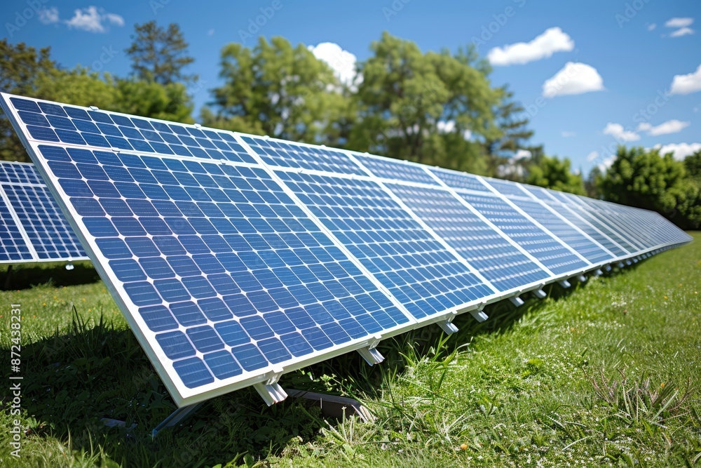 A vast solar panel farm generating clean renewable energy. This alternative energy source consists of rows of photovoltaic panels in an open field under a clear blue sky A vast solar panel farm generating clean renewable energy. This alternative energy source consists of rows of photovoltaic panels in an open field under a clear blue sky