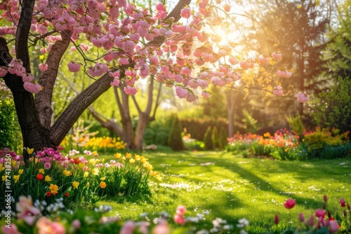 A beautiful garden with a tree in the middle and a lot of flowers