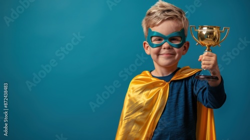 a boy wearing superhero costume with cape raising his trophy with copy space