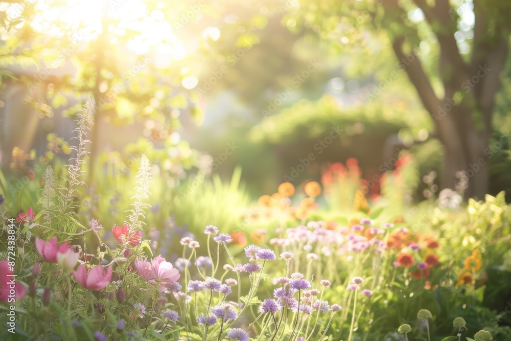 A lush green garden with a pink tree in the background A lush green garden with a pink tree in the background
