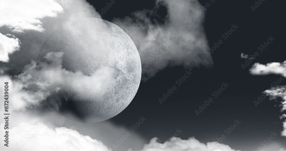 Obraz premium Image of illuminated moon partially covered by moving clouds on grey sky background 4k