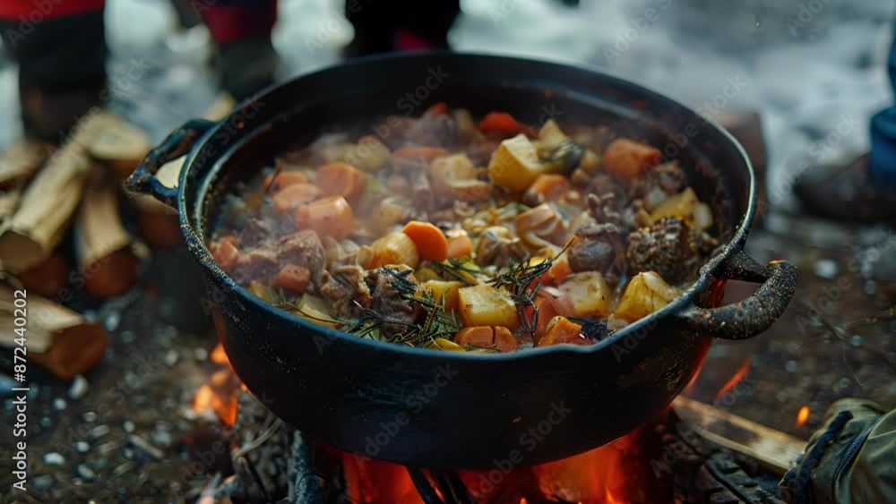 As the night gets cooler a pot of hearty mountain stew filled with root vegetables and herbs is brought out to warm up the group. As the night gets cooler a pot of hearty mountain stew filled with root vegetables and herbs is brought out to warm up the group.