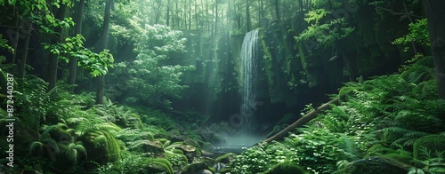 Lush green forest with a hidden waterfall tucked away in its depths, 4K hyperrealistic photo
 photo