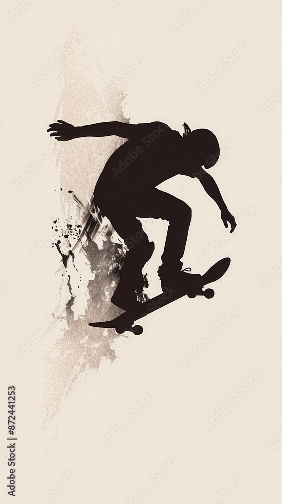 Fototapeta premium Skateboarder silhouette mid-air trick, dynamic black and white art, energetic urban sports culture