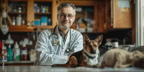 In a comfortable home setting, a cheerful woman veterinarian is holding a puppy while dressed in scrubs AIG58 photo