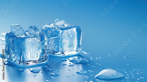 Refreshing ice cubes on a blue surface, melting with water droplets. Perfect for summer, beverage, and cooling concepts.