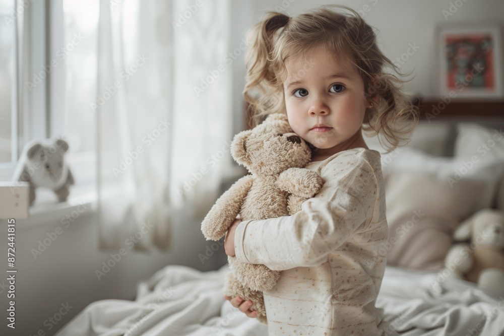 Child in pajamas with teddy bear standing by crib in cozy bedroom. Child in pajamas with teddy bear standing by crib in cozy bedroom.