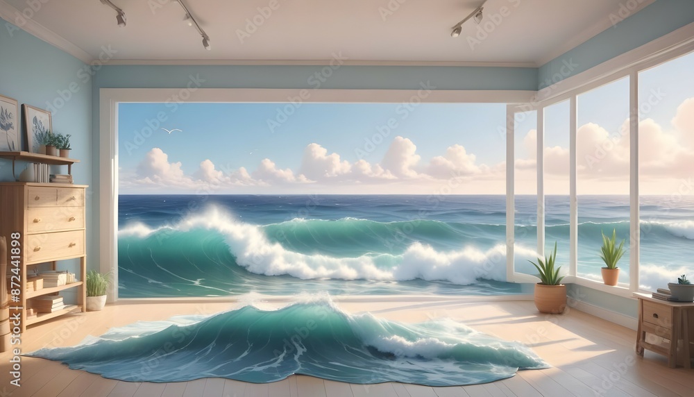 Fototapeta premium A serene, well-lit studio space with ocean waves crashing in the distance.