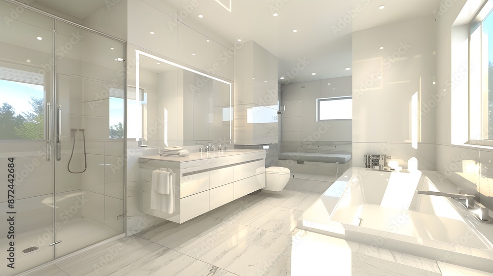 Modern Bathroom: Description: Sleek and minimalistic design with clean lines, simple fixtures, and a neutral color palette. Modern Bathroom: Description: Sleek and minimalistic design with clean lines, simple fixtures, and a neutral color palette.