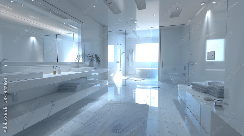 Modern Bathroom: Description: Sleek and minimalistic design with clean lines, simple fixtures, and a neutral color palette. Modern Bathroom: Description: Sleek and minimalistic design with clean lines, simple fixtures, and a neutral color palette.