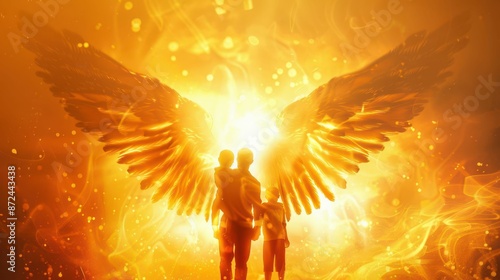 guardian angel embracing family silhouette ethereal wings spread protectively warm golden light symbolizing security photo