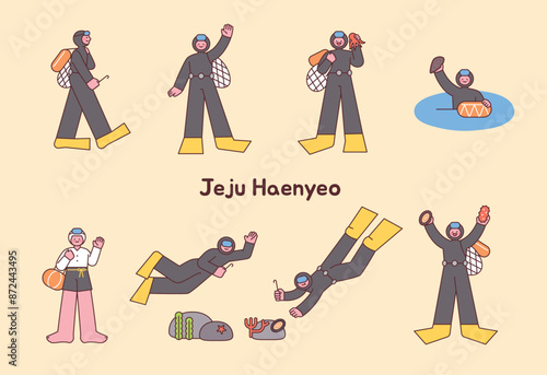 Korean female divers are collecting shells and seafood from the sea. Jeju Island female diver character set.