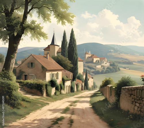 Vintage French Landscape Watercolor Illustration Art photo