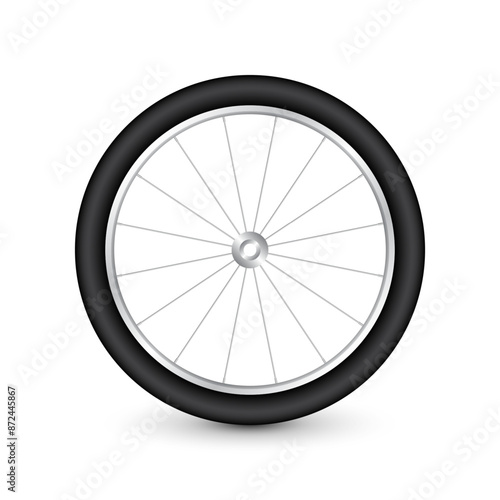 Realistic 3d bicycle wheel. Bike rubber tire, shiny metal spokes and rim. Fitness cycle, touring, sport, road and mountain bike. Vector illustration