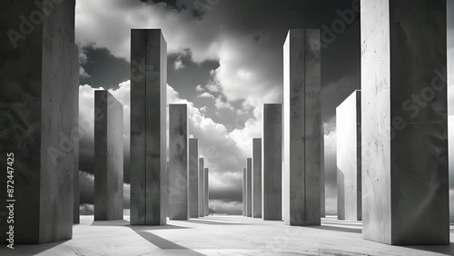 A monochromatic scene featuring sleek and angular pillars looming against a cloudy sky.
