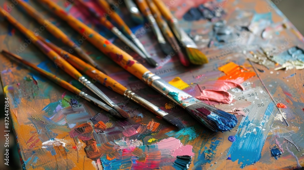 Obraz premium Close-up of messy paintbrushes on an artist's palette with vibrant colors, showcasing creativity and artistic expression.