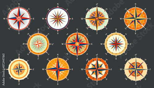 Vintage marine wind rose, nautical chart. Colorful navigational compass with cardinal directions of North, East, South, West. Geographical position, cartography and navigation. Vector illustration