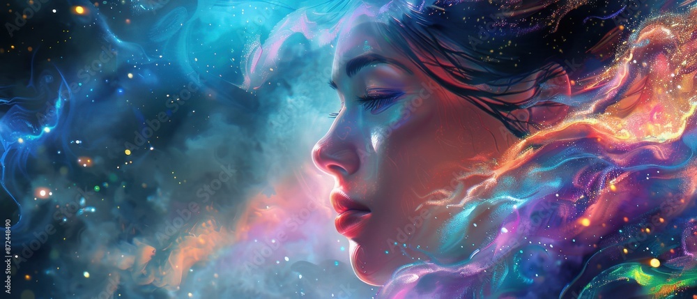 Ethereal profile of a woman surrounded by vibrant, colorful nebulas and cosmic lights, representing a dreamy, otherworldly scene. Ethereal profile of a woman surrounded by vibrant, colorful nebulas and cosmic lights, representing a dreamy, otherworldly scene.