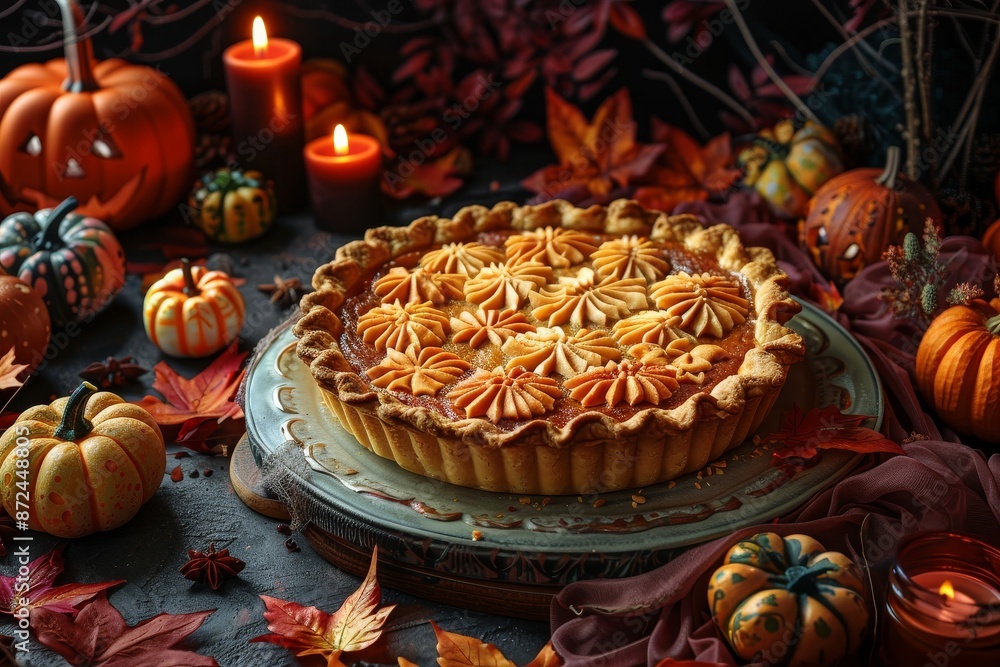Pumpkin pie on a wooden table, around decorations for Halloween. Autumn mood Pumpkin pie on a wooden table, around decorations for Halloween. Autumn mood