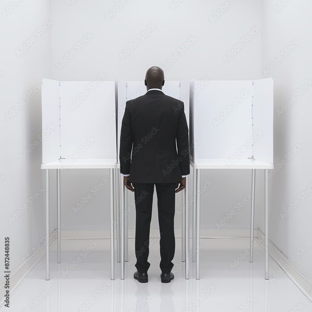 Fototapeta premium Man in a suit standing in front of voting booths in a bright, minimalistic room, symbolizing choices and democratic participation.