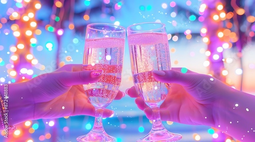 Two hands toasting with champagne glasses, celebrating a special occasion with sparkling lights in the background. photo