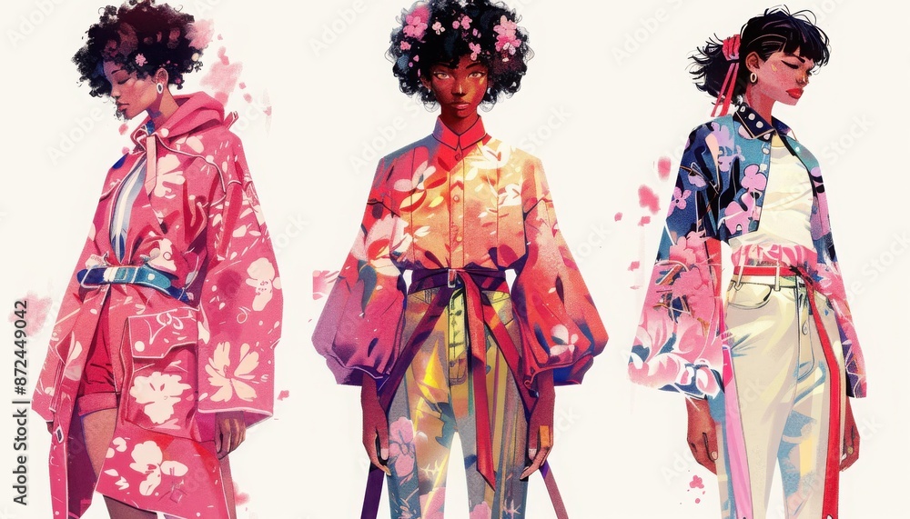 Three stylish models in vibrant floral kimonos, showcasing modern fashion with a touch of traditional Japanese elegance.