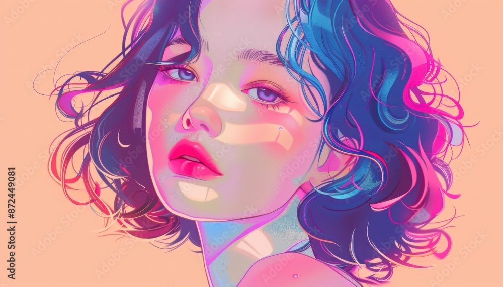Vibrant digital illustration of a woman with colorful hair and glowing effects, evoking a dreamy and artistic atmosphere. Vibrant digital illustration of a woman with colorful hair and glowing effects, evoking a dreamy and artistic atmosphere.