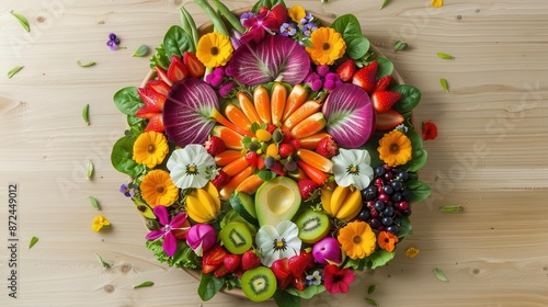 overhead view of a circular mandala created from colorful fruits vegetables and edible flowers vibrant produce arranged in intricate patterns on a light wooden surface © Lucija
