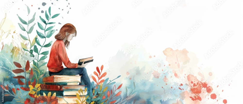 Watercolor illustration of a girl reading on a stack of books surrounded by colorful foliage, portraying peace and tranquility in learning. Watercolor illustration of a girl reading on a stack of books surrounded by colorful foliage, portraying peace and tranquility in learning.