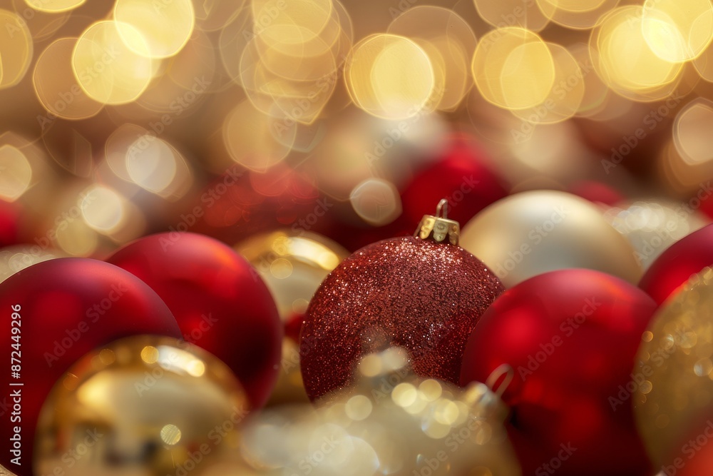 A close-up of red and gold Christmas baubles with a soft focus background, creating a rich and luxurious holiday feel.
