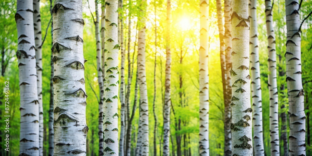 Birch trees with fresh green leaves and white bark in vivid spring sunlight, spring, birch trees, nature, forest Birch trees with fresh green leaves and white bark in vivid spring sunlight, spring, birch trees, nature, forest