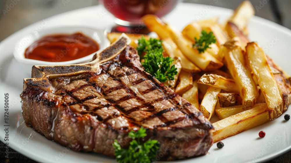 Robust T-bone steak with grill marks with crispy fries seasoned with sea salt and rosemary Robust T-bone steak with grill marks with crispy fries seasoned with sea salt and rosemary