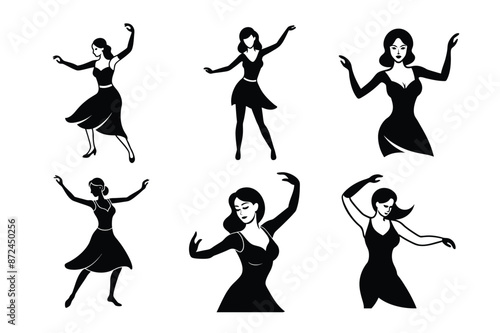 Solo women salsa dance moves silhouette vector art illustration