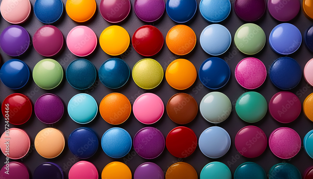 Aligned, colorful, button, gloss, medicine, tablet, candy, round, black background, design, illustration Aligned, colorful, button, gloss, medicine, tablet, candy, round, black background, design, illustration