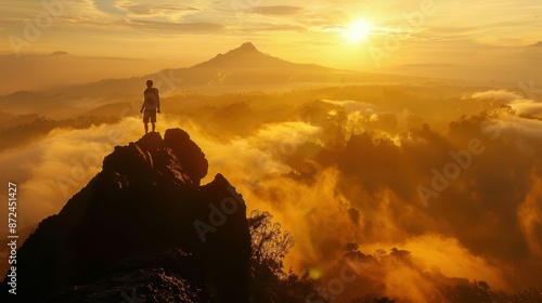 silhouette of hiker atop misty mountain peak golden sunrise over indonesian landscape photo