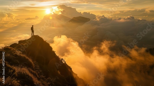 silhouette of hiker atop misty mountain peak golden sunrise over indonesian landscape