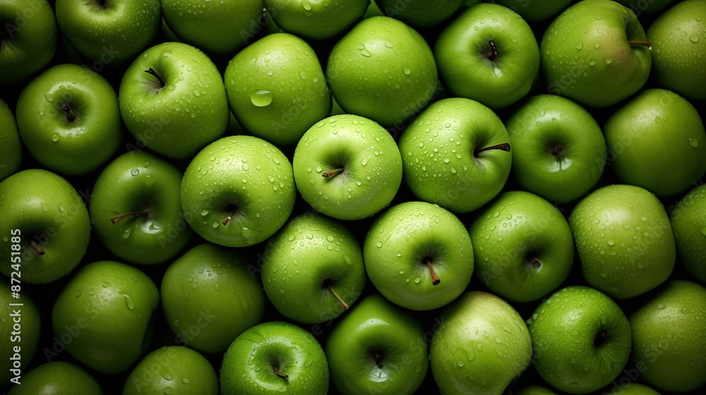 Green apples beauty texture. A close-up view of multiple fresh green apples with water droplets on them, arranged closely together. Full screen filled. Green apples beauty texture. A close-up view of multiple fresh green apples with water droplets on them, arranged closely together. Full screen filled.
