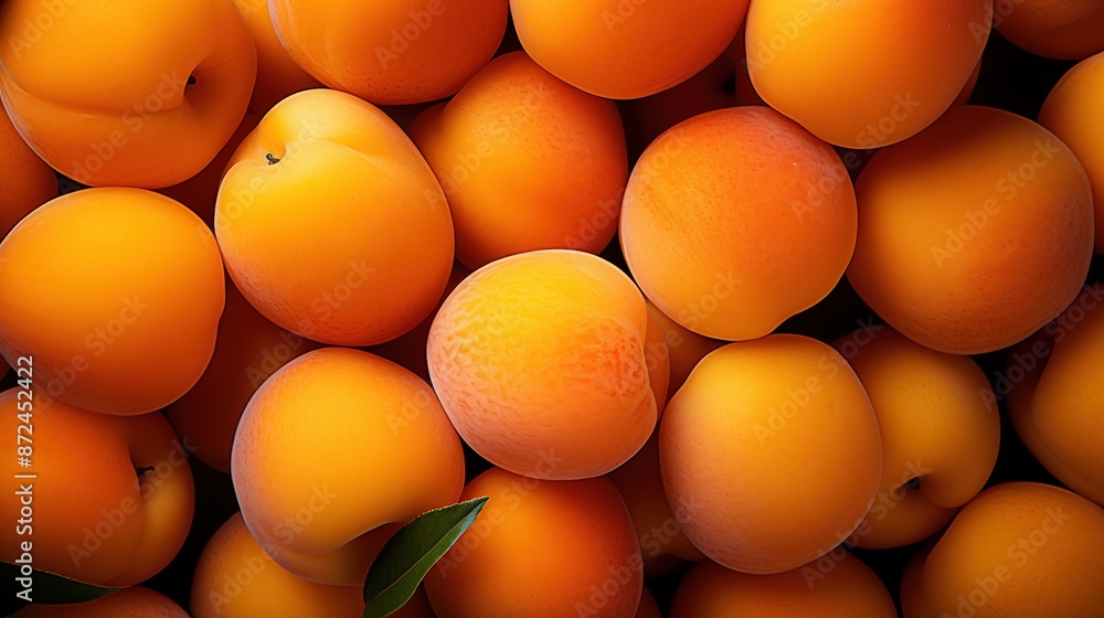 Apricots backdrop. A close-up view of a pile of fresh, ripe apricots with a few green leaves. Full screen filled. Apricots backdrop. A close-up view of a pile of fresh, ripe apricots with a few green leaves. Full screen filled.