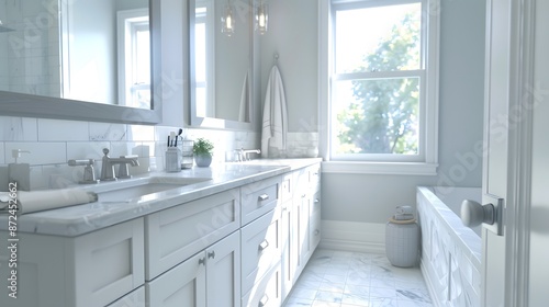 Transitional Bathroom: Description: A blend of traditional and modern elements. Details: Combines the warmth of traditional design with the clean lines of modern style. Features like shaker cabinets, 