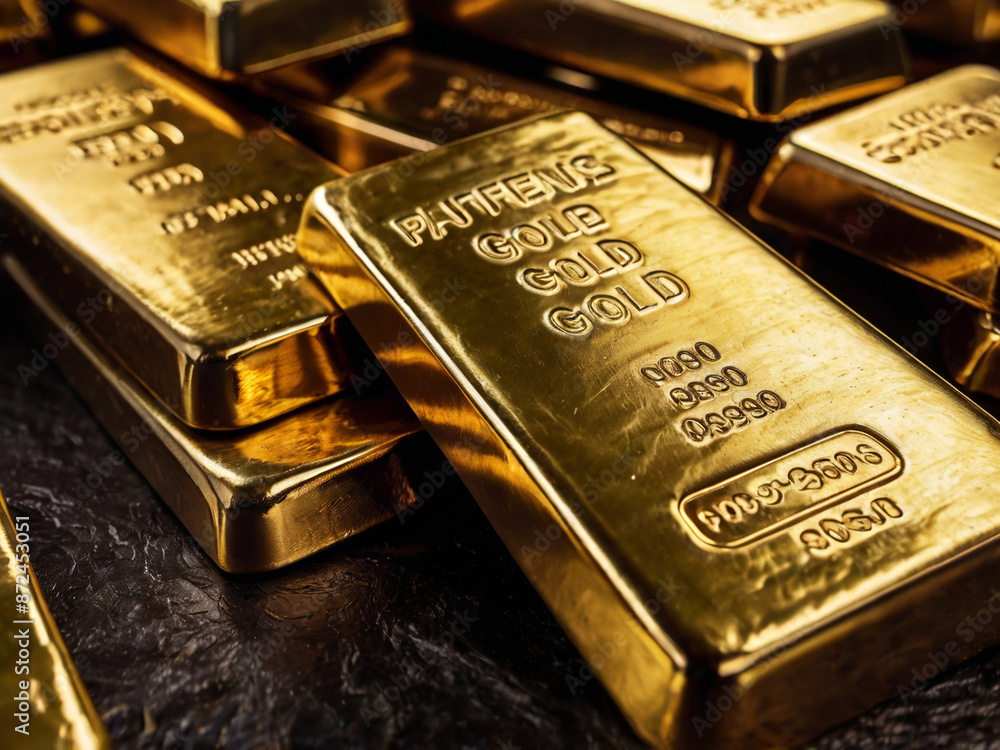 AI generative. Gold bars lay on a black stone table. 3 AI generative. Gold bars lay on a black stone table. 3